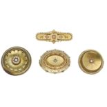 Four 19th century gold brooches, comprising three boss brooches each variously set with rose...