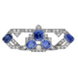 A Sri Lankan sapphire and diamond brooch, of open geometric form, the Art Deco frame set thr...