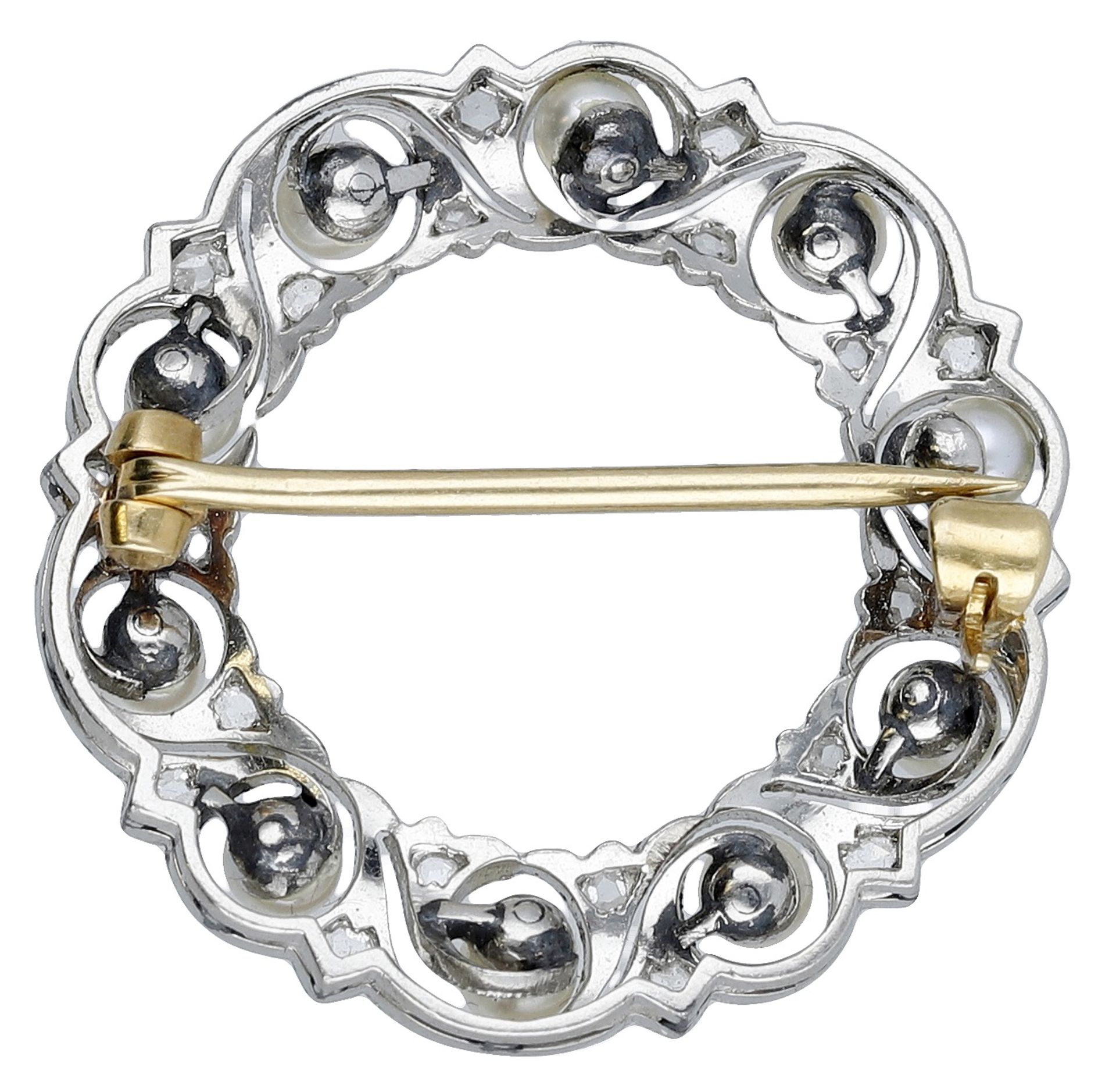 A diamond and pearl circlet brooch, the pierced decorated hoop set with rose-cut diamonds an... - Image 2 of 3