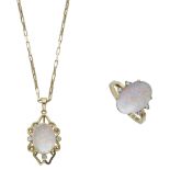 An opal and diamond pendant and ring suite, the pendant claw set with an opal cabochon to a...