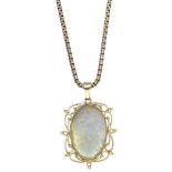 An opal pendant on chain, the opal cabochon to a pierced 18ct gold scrollwork mount, suspend...
