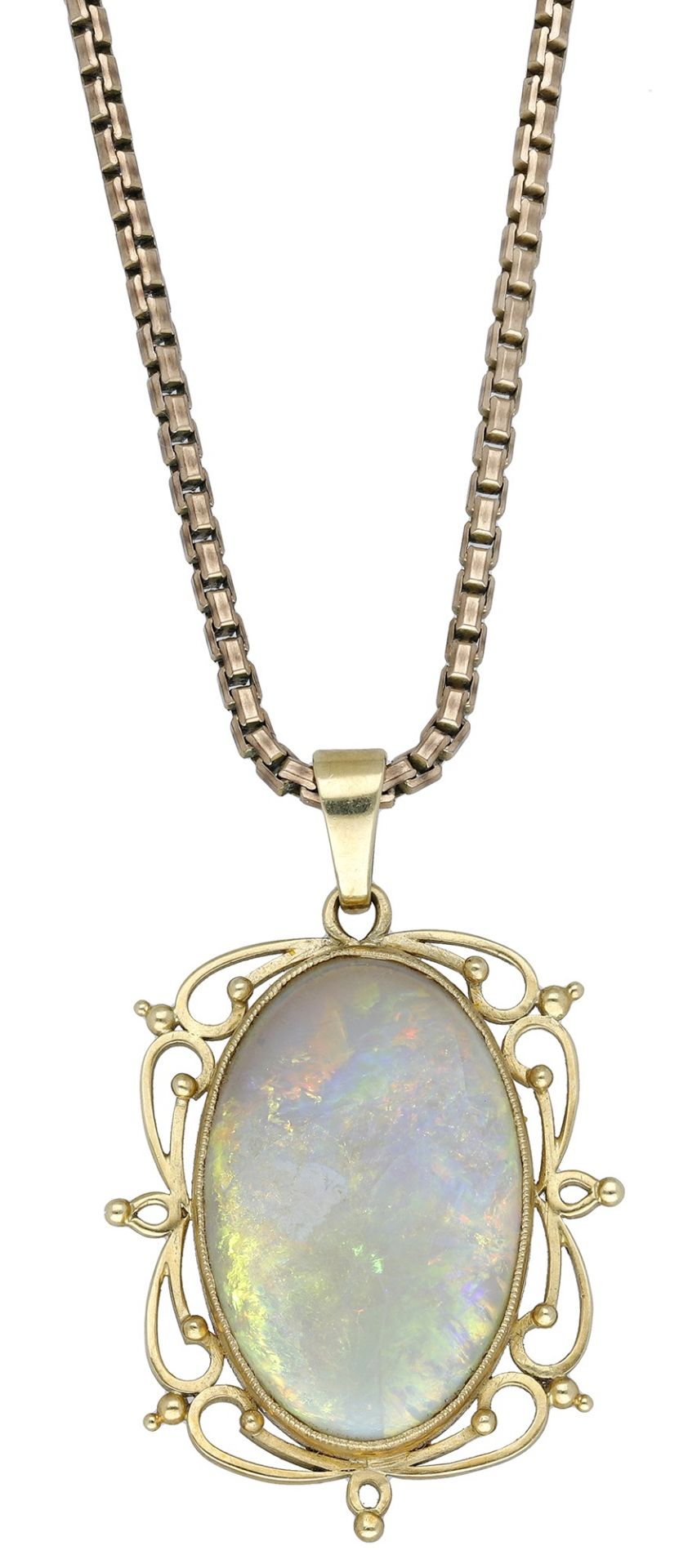 An opal pendant on chain, the opal cabochon to a pierced 18ct gold scrollwork mount, suspend...