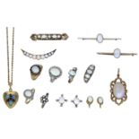 A collection of assorted opal jewellery, comprising a pair of opal and diamond ear clips, an...