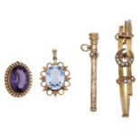 Four jewels, comprising a 9ct gold propelling toothpick, a 9ct gold seed pearl set hinged ba...