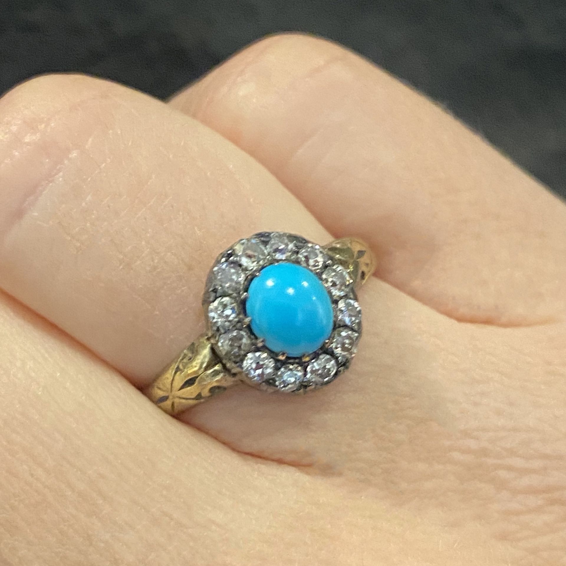 A late 19th century turquoise and diamond cluster ring, the oval turquoise cabochon within a... - Image 3 of 3