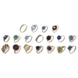 A collection of gem-set rings, including garnet, diamond, sapphire, emerald and citrine, of...