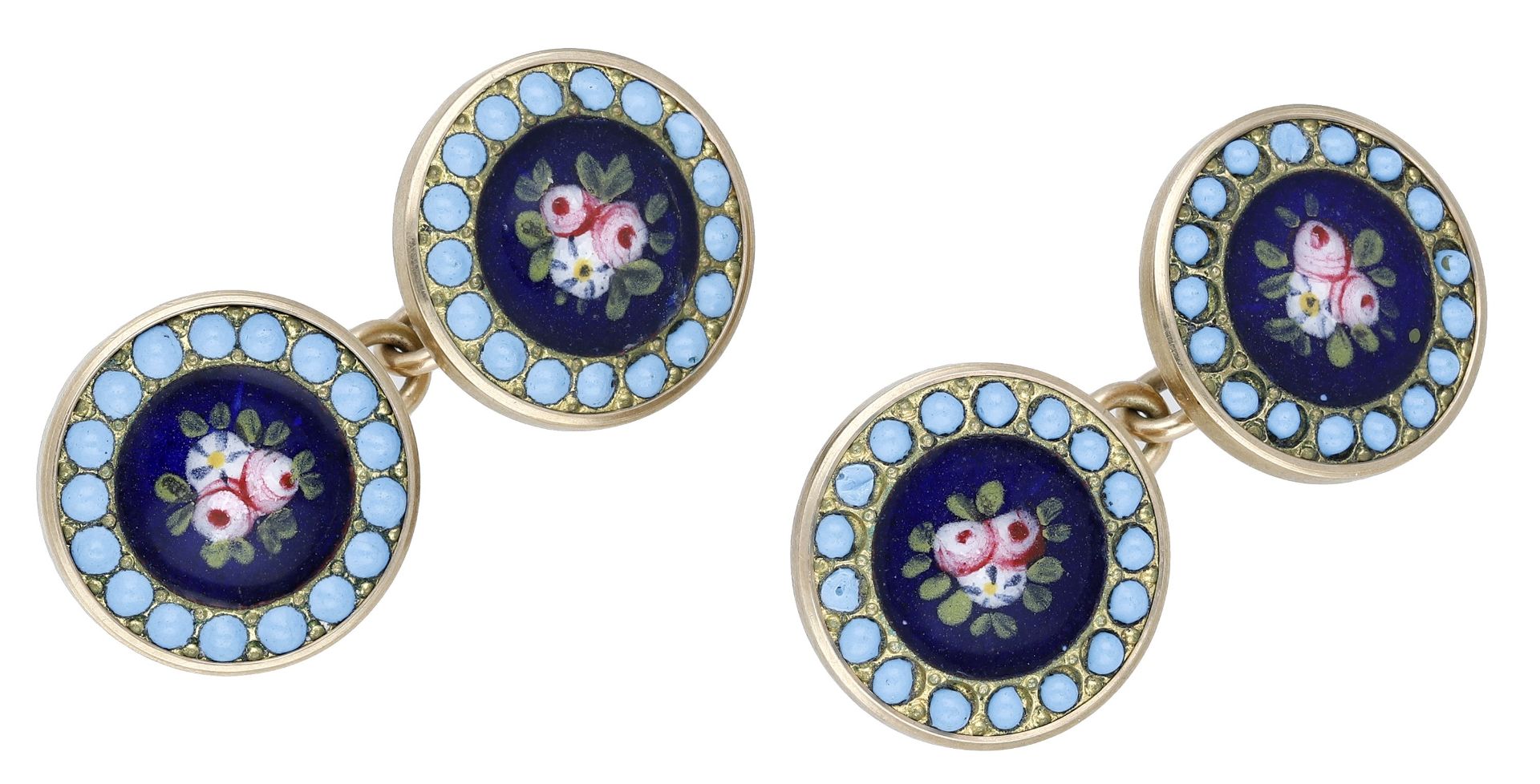 A pair of enamelled cufflinks, each of the circular panels comprising an enamel floral scene...