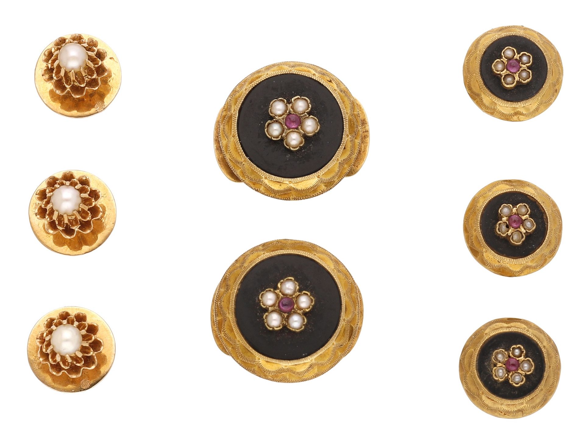 Two sets of French studs, the first comprising three gold and half pearl set studs, with loz... - Image 2 of 2