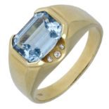 A blue topaz and diamond ring, the step-cut topaz set between trios of bezel-set brilliant-c...