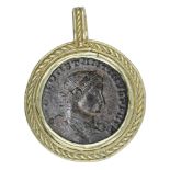 A gold mounted coin set pendant, the silvered bronze Constantine I follis, laureate bust, re...