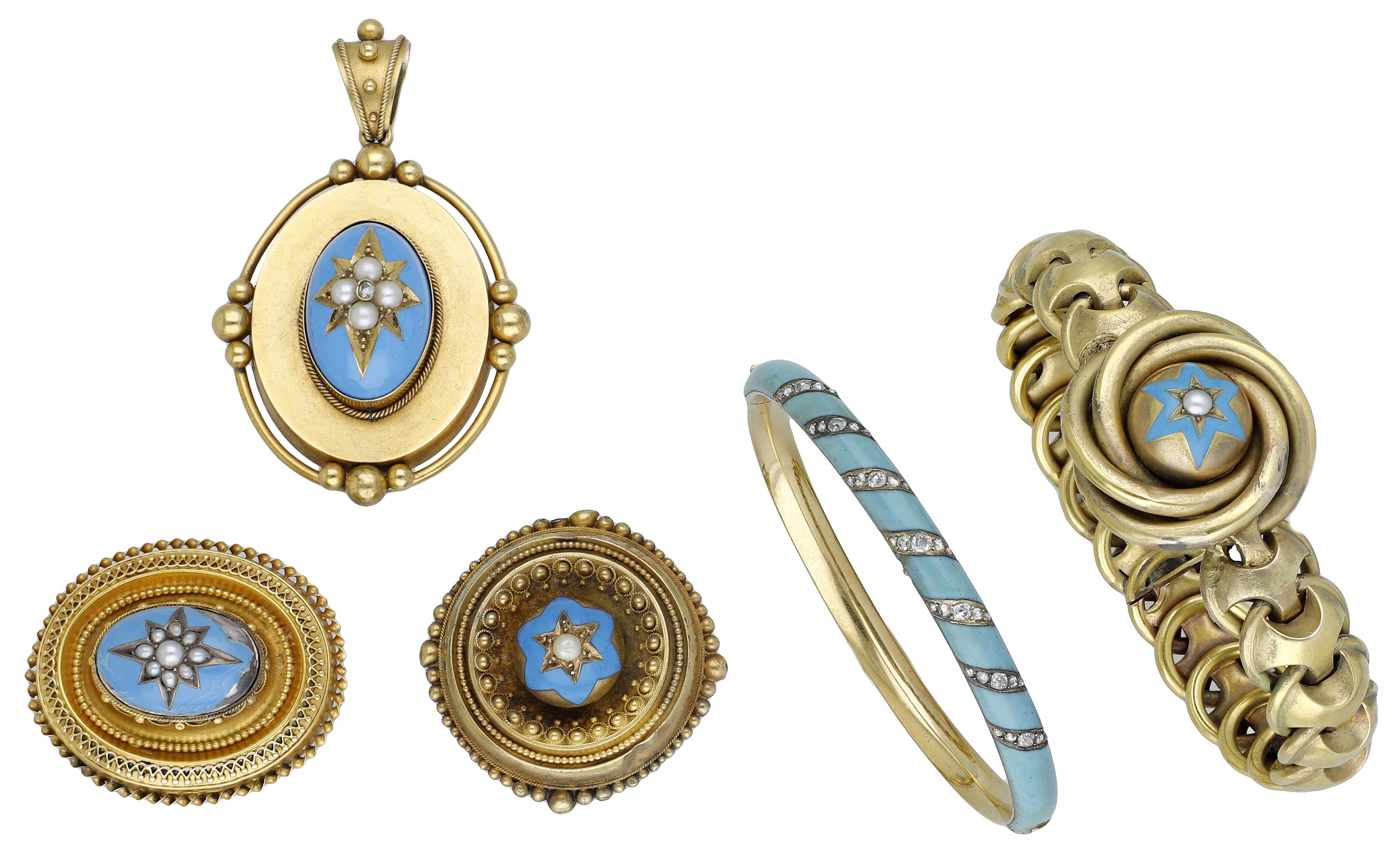 A collection of Victorian jewellery, comprising an oval gold locket pendant, centred with a...