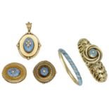 A collection of Victorian jewellery, comprising an oval gold locket pendant, centred with a...