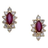 A pair of ruby and diamond ear studs, the marquise-shaped rubies claw-set within a surround...