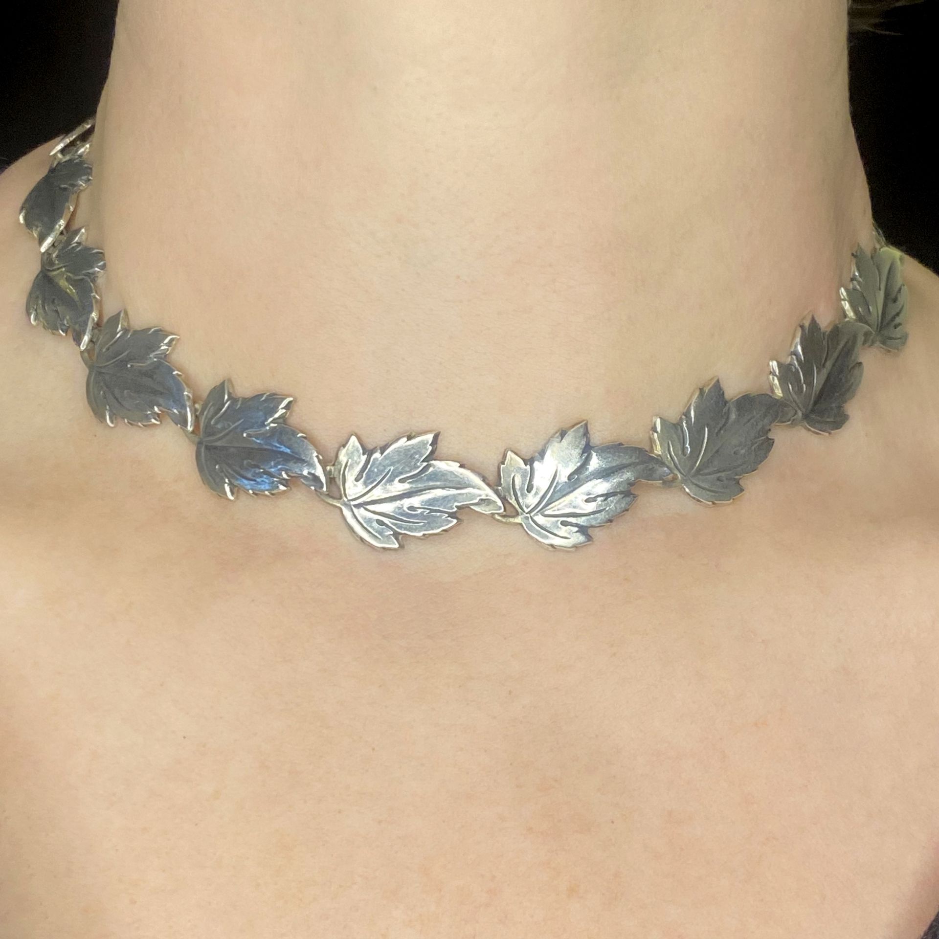 A Danish silver necklace, the articulated necklace of overlapping leaf design, stamped 'STER... - Image 3 of 3