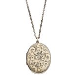 A 9ct gold locket on chain, the locket with engraved foliate decoration to the front, suspen...