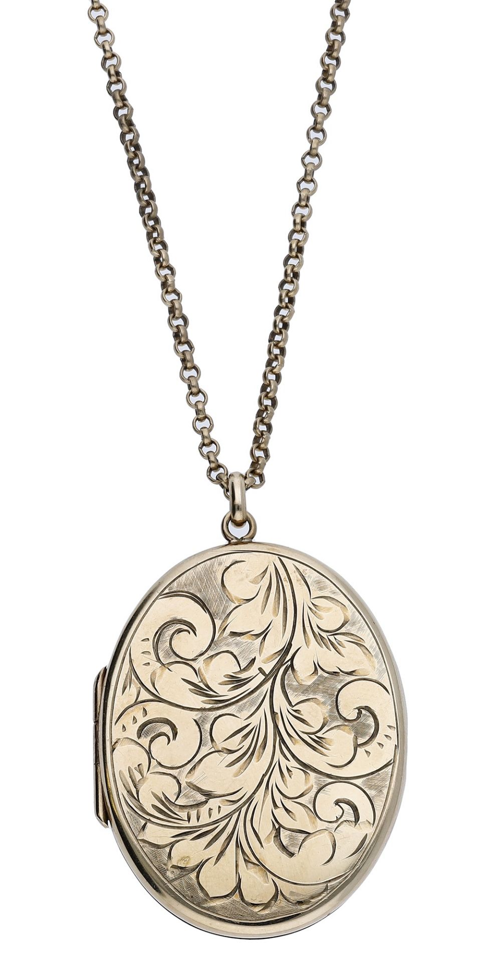 A 9ct gold locket on chain, the locket with engraved foliate decoration to the front, suspen...