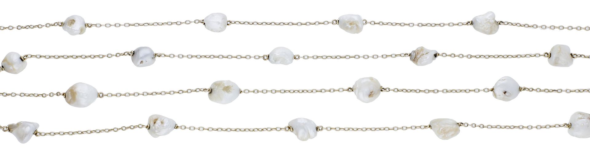 An Arts and Crafts pearl long chain, the gold belcher-link long chain spaced by baroque-shap...