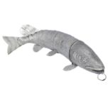 A large silver articulated fish, with pelvic and pectoral fins, the hinged head with open mo...