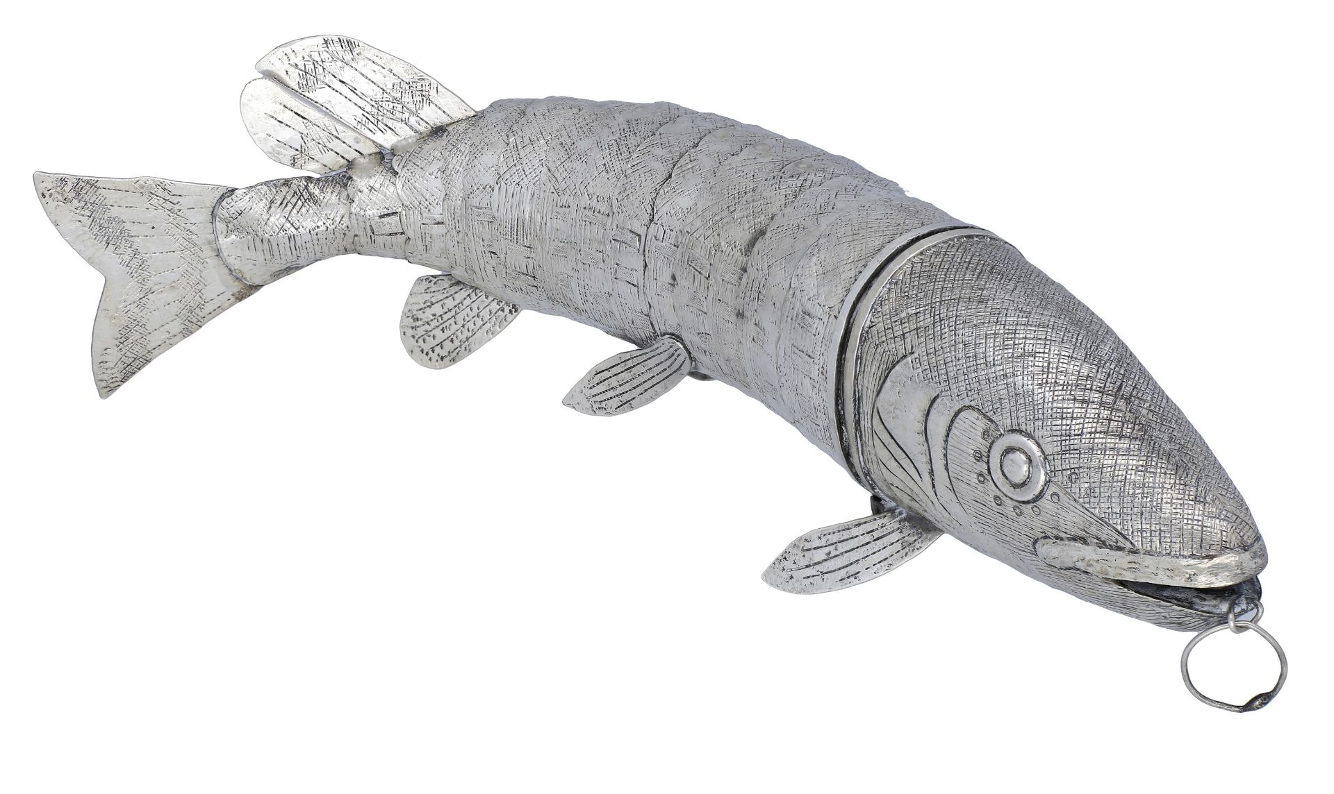 A large silver articulated fish, with pelvic and pectoral fins, the hinged head with open mo...