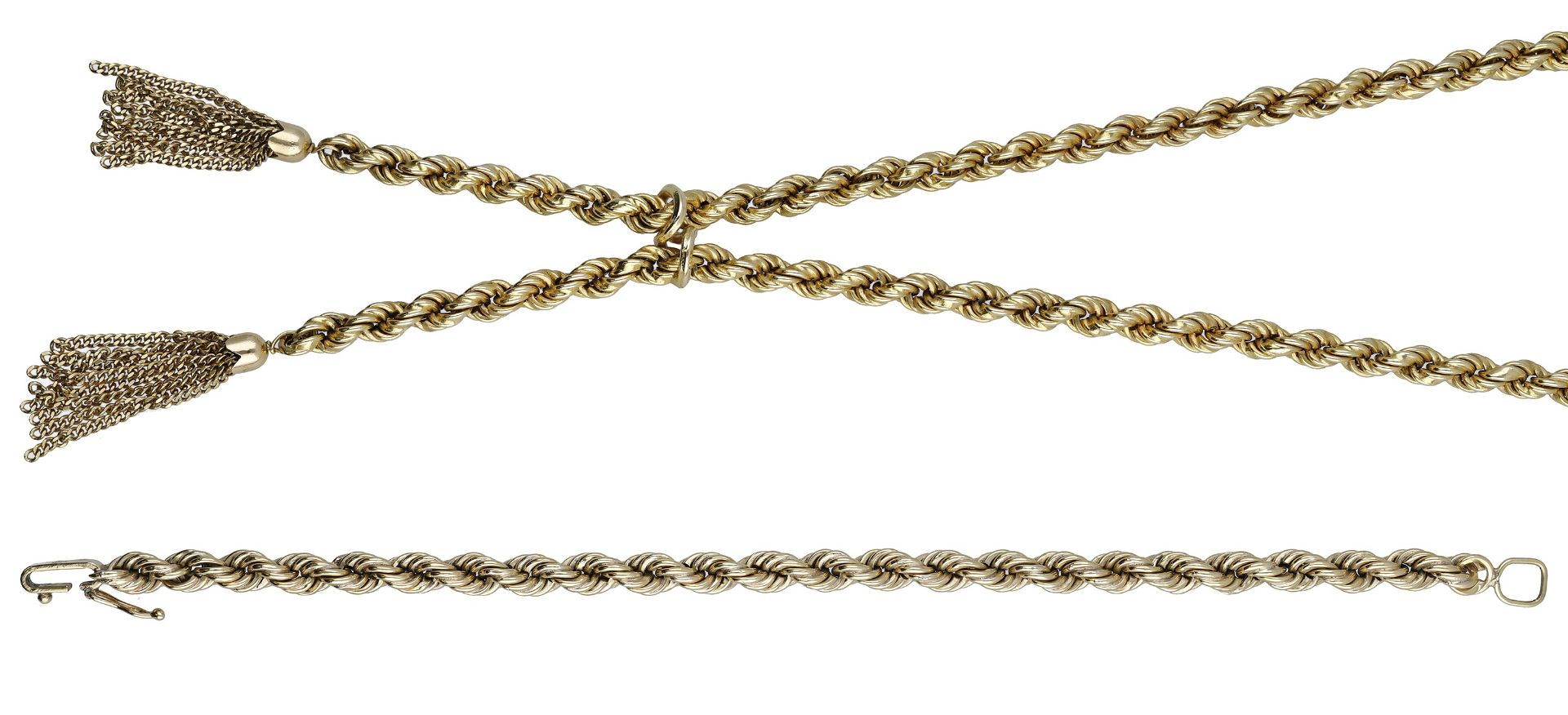 An 18ct gold ropetwist chain necklace and bracelet, the necklace conjoined to the front, sus...