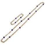 An amethyst necklace and bracelet suite, of open fancy-link chains spaced by amethyst beads,...