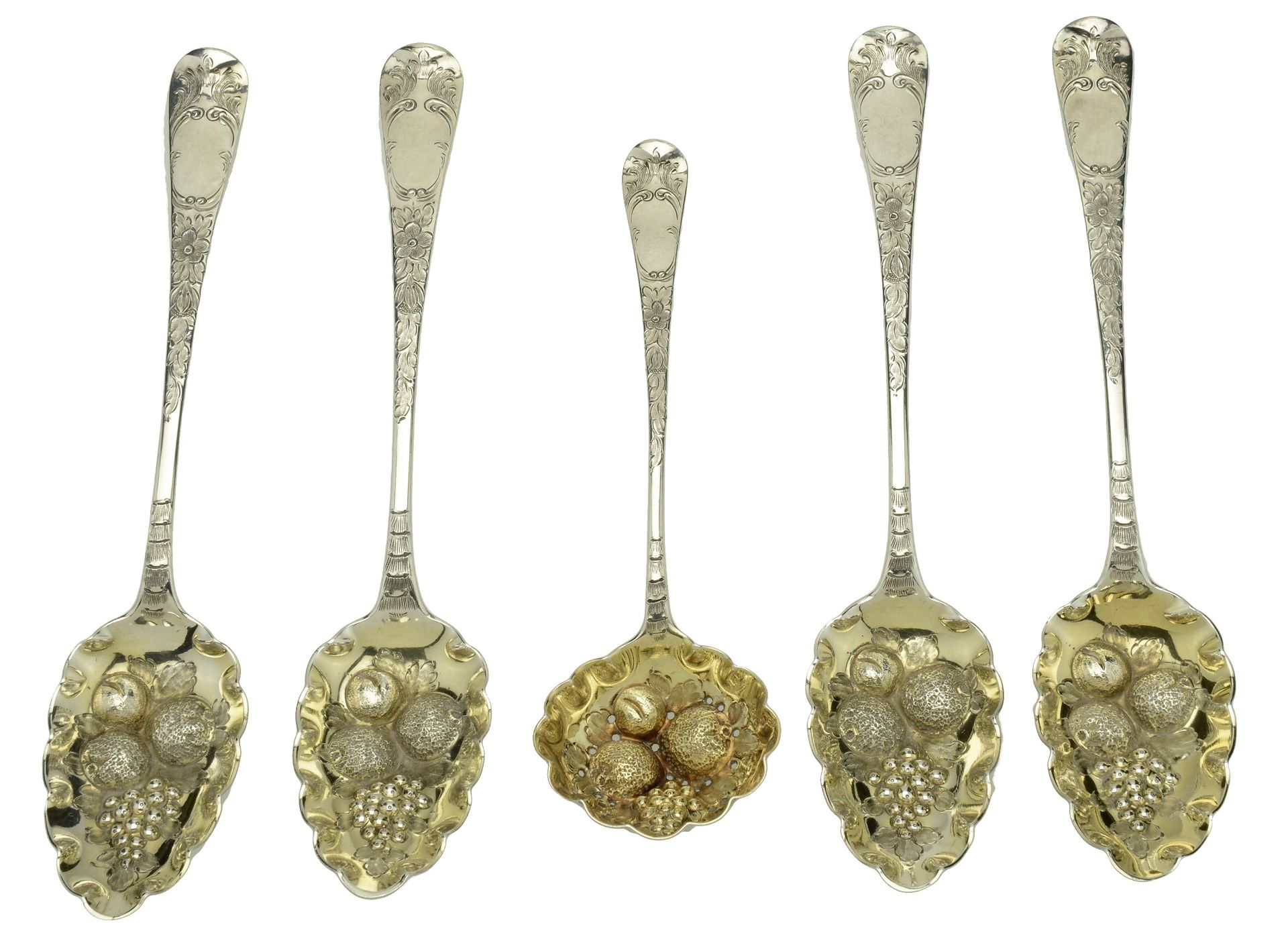 A set of four silver berry spoons with matching sifter spoon, the four tablespoons with Geor... - Image 2 of 5