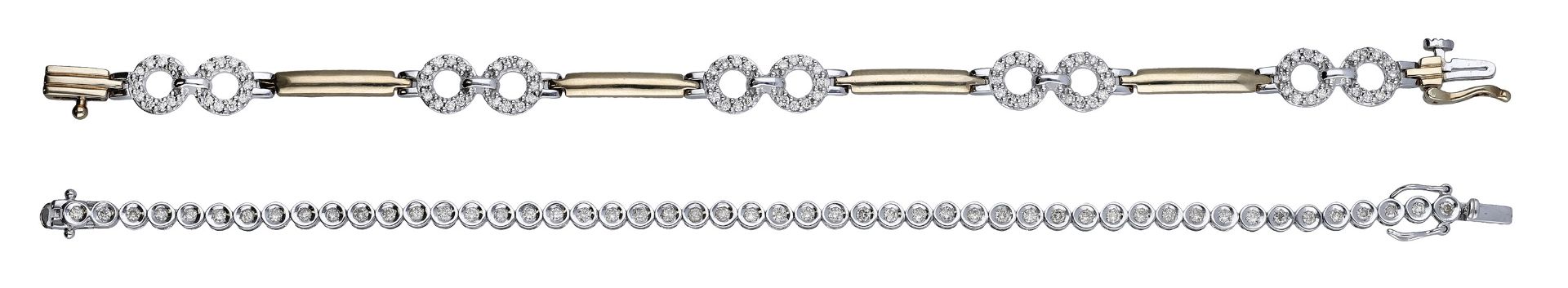 Two diamond bracelets, the first, a line bracelet of dished circular links, each inset with...