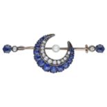 A late 19th century sapphire and diamond crescent brooch, the crescent set with graduated mi...