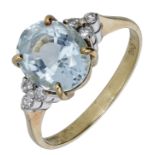 An aquamarine and diamond ring, the oval-cut aquamarine between trios of brilliant-cut diamo...