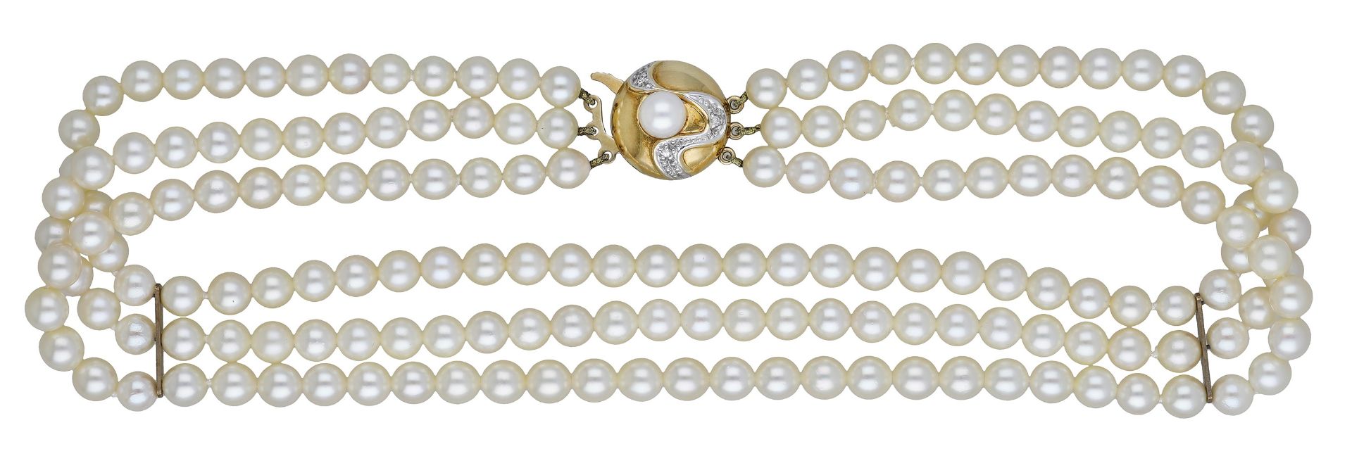 A cultured pearl collar by Mikimoto, the three-rows of cultured pearls to a bombÃ© clasp with...