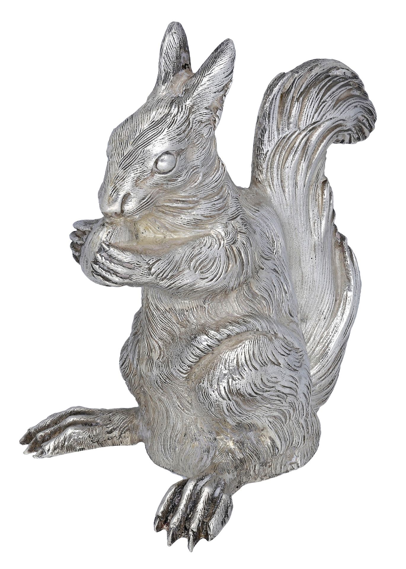 A French silver cast novelty pepperette modelled as a squirrel, eating a nut, the nut perfor... - Image 2 of 3