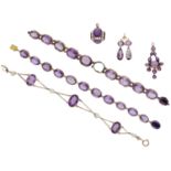 A collection of antique amethyst jewels, comprising a blister pearl and amethyst bracelet, t...