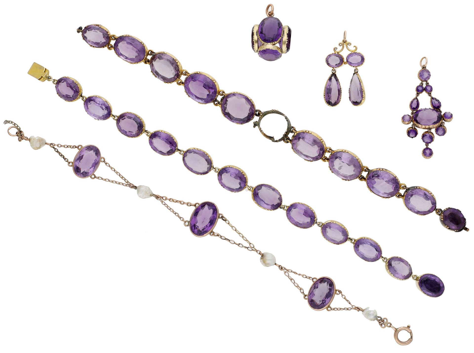 A collection of antique amethyst jewels, comprising a blister pearl and amethyst bracelet, t...