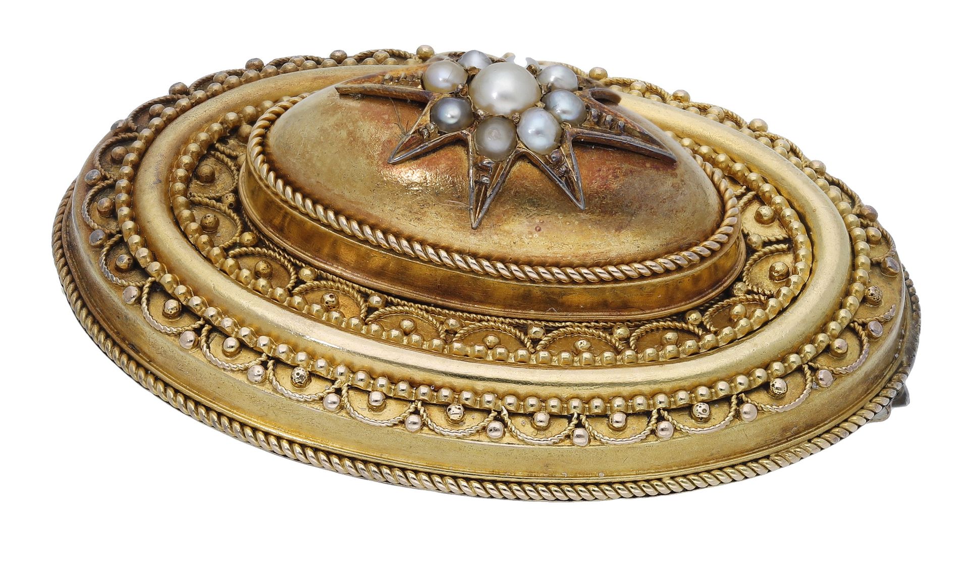 A mid 19th century gold oval brooch, the central bombÃ© section with applied half-pearl star,... - Image 2 of 4