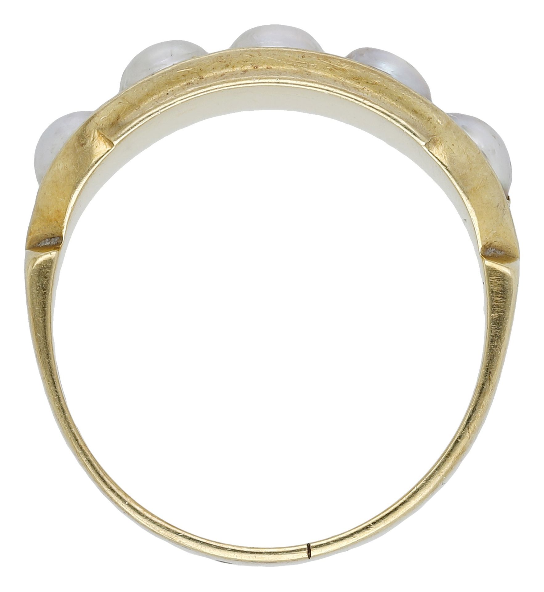 An 18ct gold half pearl ring, 1880, set to the front with five cultured half-pearls, London... - Image 2 of 3