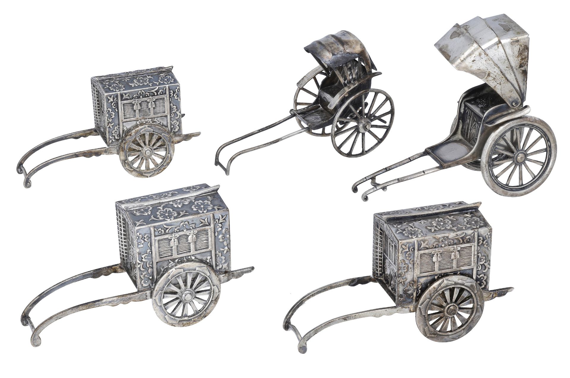 Three matching Japanese silver novelty pepperettes, modelled as wheeled palanquins, one rick... - Image 2 of 2