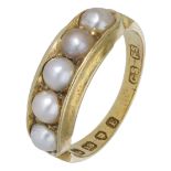 An 18ct gold half pearl ring, 1880, set to the front with five cultured half-pearls, London...