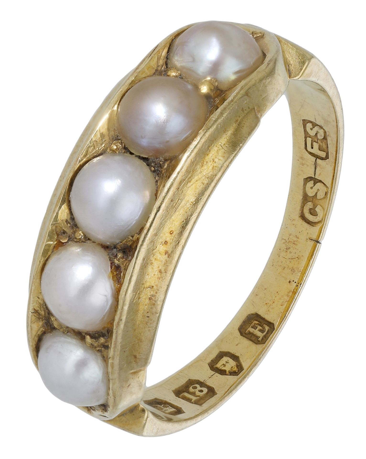 An 18ct gold half pearl ring, 1880, set to the front with five cultured half-pearls, London...