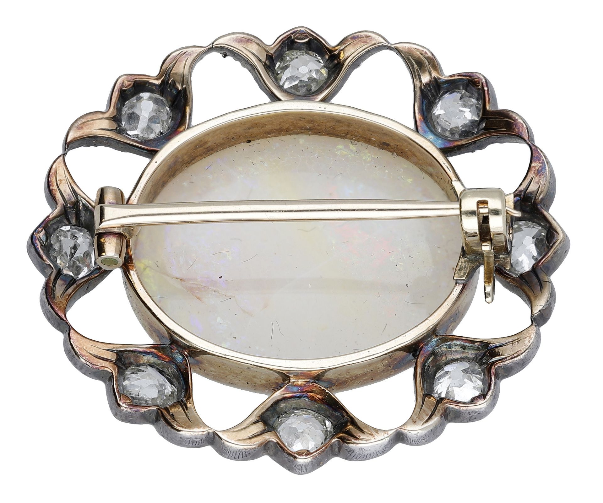 An opal and diamond brooch, circa 1890, the oval opal cabochon within an openwork surround o... - Image 2 of 3