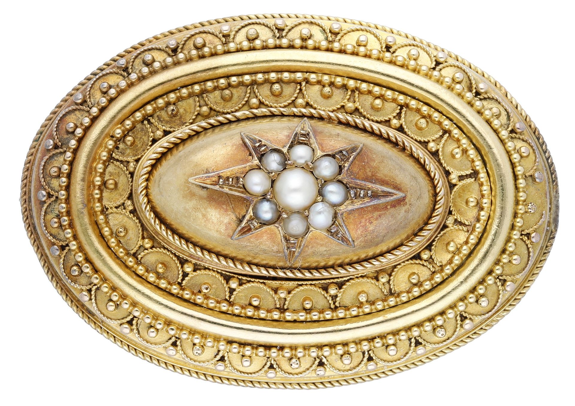 A mid 19th century gold oval brooch, the central bombÃ© section with applied half-pearl star,...