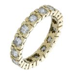 An 18ct yellow gold diamond eternity ring, set throughout with princess-cut diamonds, London...