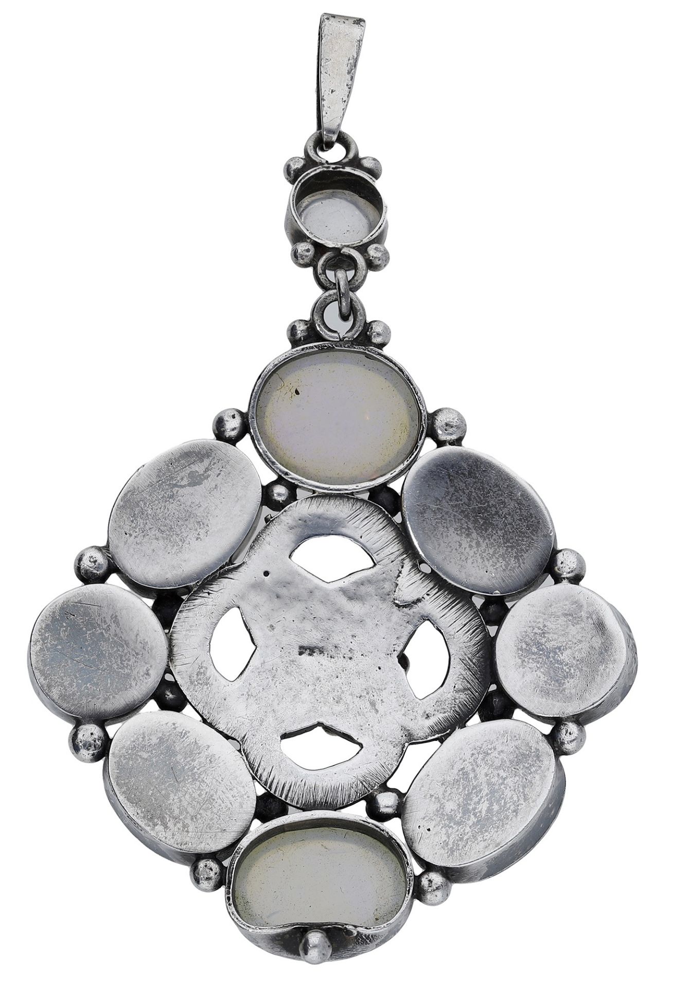 An Arts and Crafts silver pendant, of lozenge shape, bordered with cabochon gem stones inclu... - Image 2 of 3