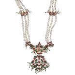 A Mughal style necklace, the three-strand simulated pearl necklace spaced by red, white, and...