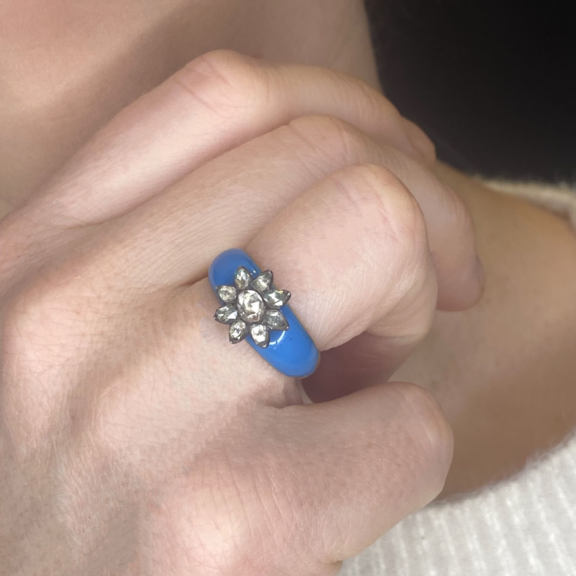 An enamel and diamond set ring, the tapered band with turquoise enamel to the front. with la... - Image 3 of 3