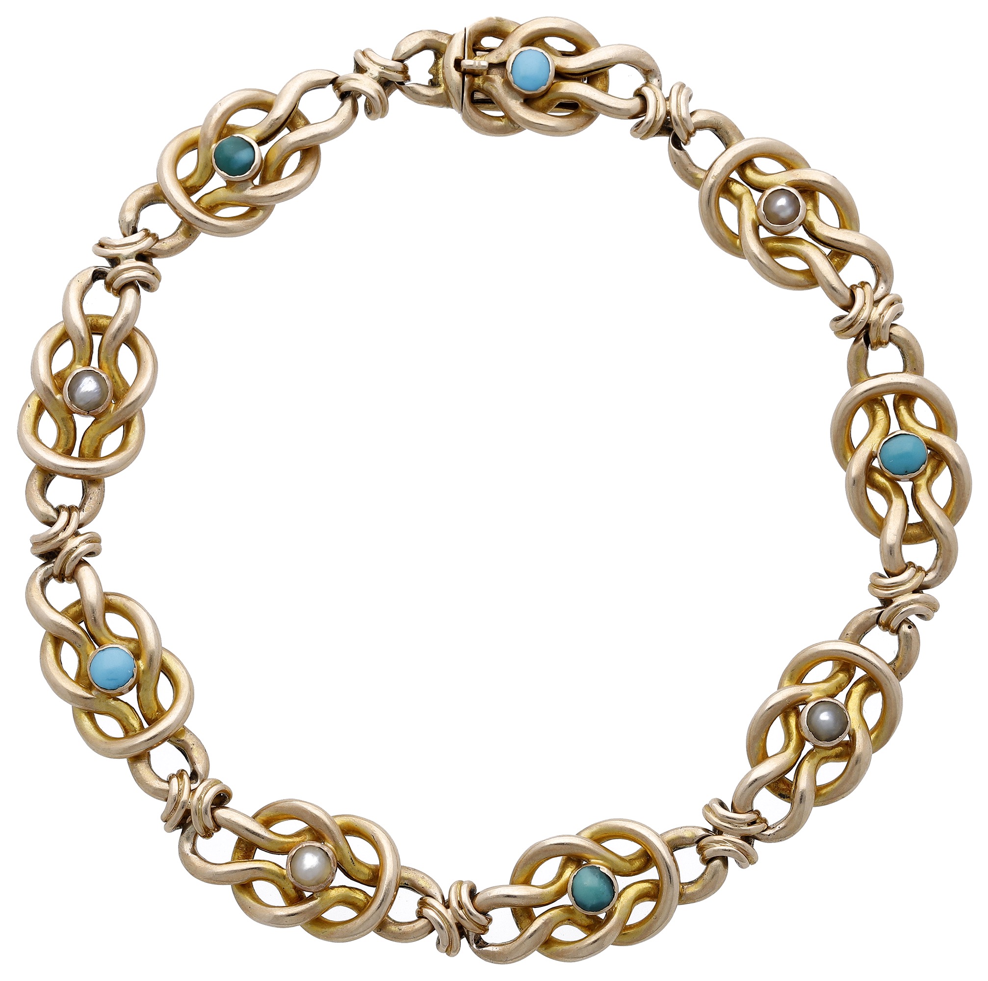 A late Victorian turquoise and seed pearl bracelet, the fancy-link gold bracelet alternately...
