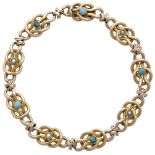 A late Victorian turquoise and seed pearl bracelet, the fancy-link gold bracelet alternately...