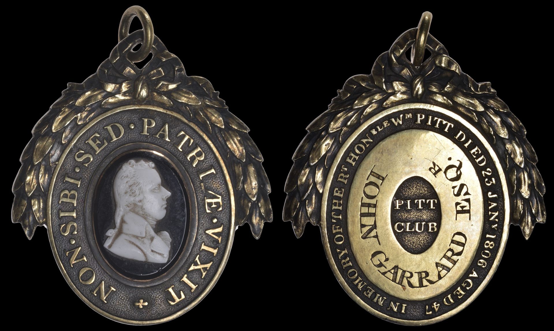Pitt Club, an oval gilt badge, bust in white onyx on black onyx field, rev. named (John Garr... - Image 2 of 2