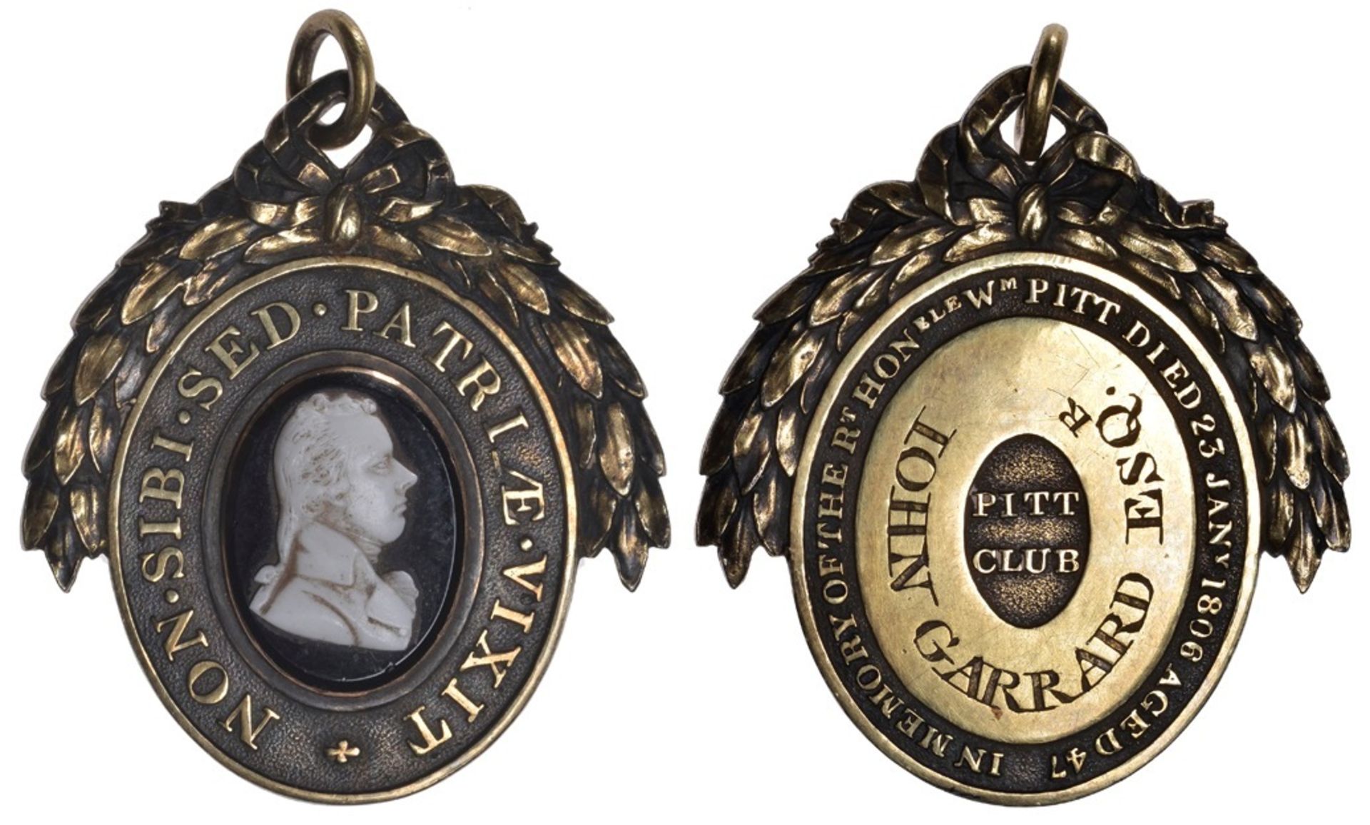 Pitt Club, an oval gilt badge, bust in white onyx on black onyx field, rev. named (John Garr...