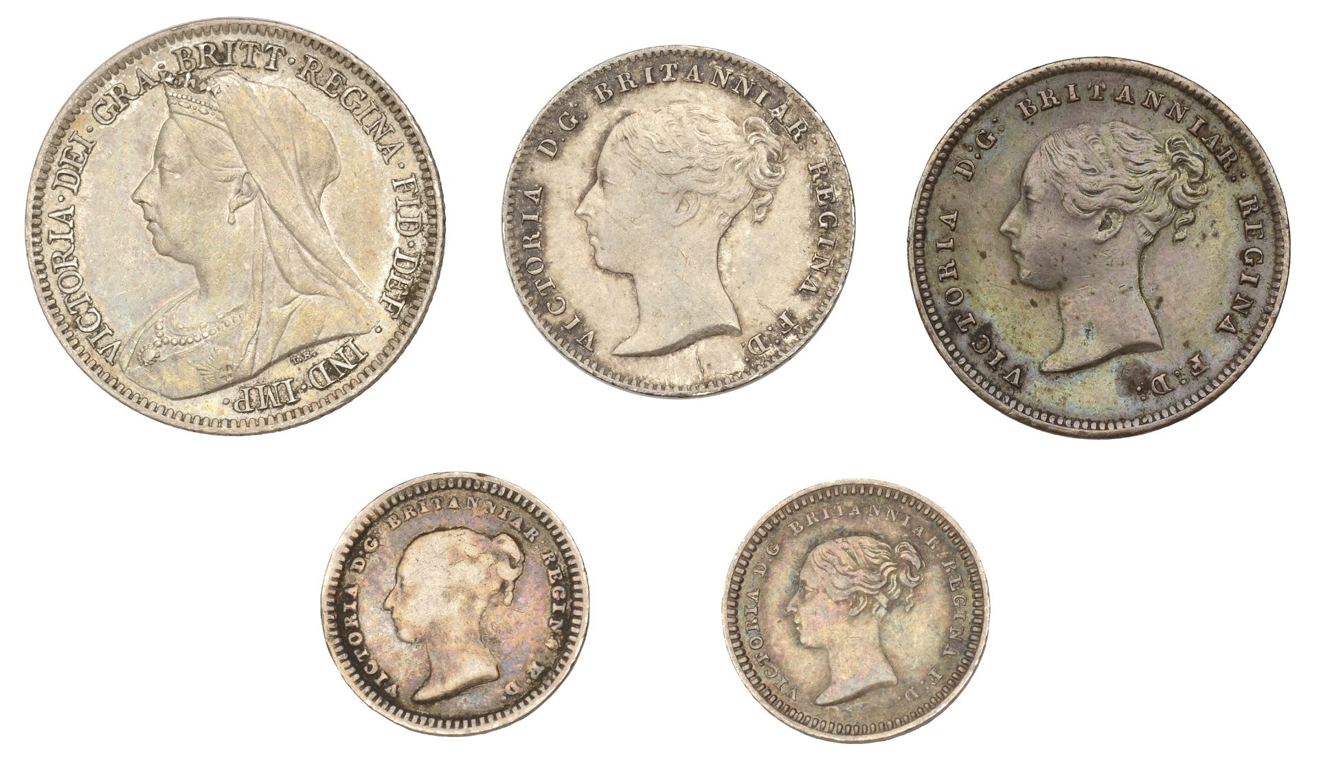 Victoria, Sixpence, 1901, Threepence, 1856, Threehalfpence (2), 1841, 1843, Half-Farthing, 1...