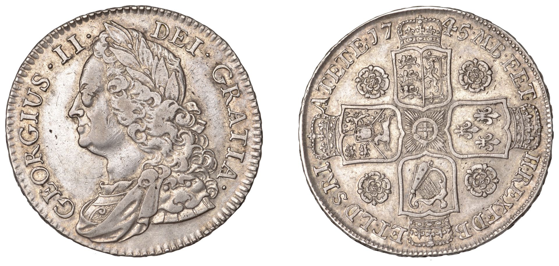 George II (1727-1760), Halfcrown, 1745, roses, edge decimo nono (ESC 1685; S 3694). Nearly v...